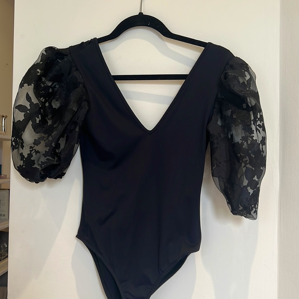 Zara Black Bodysuit with Sheer Puff Sleeves